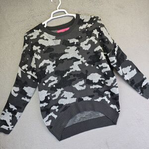 Rebellious One Sweater Women L Gray Black Camo Knit Studded Y2K Classic Pullover